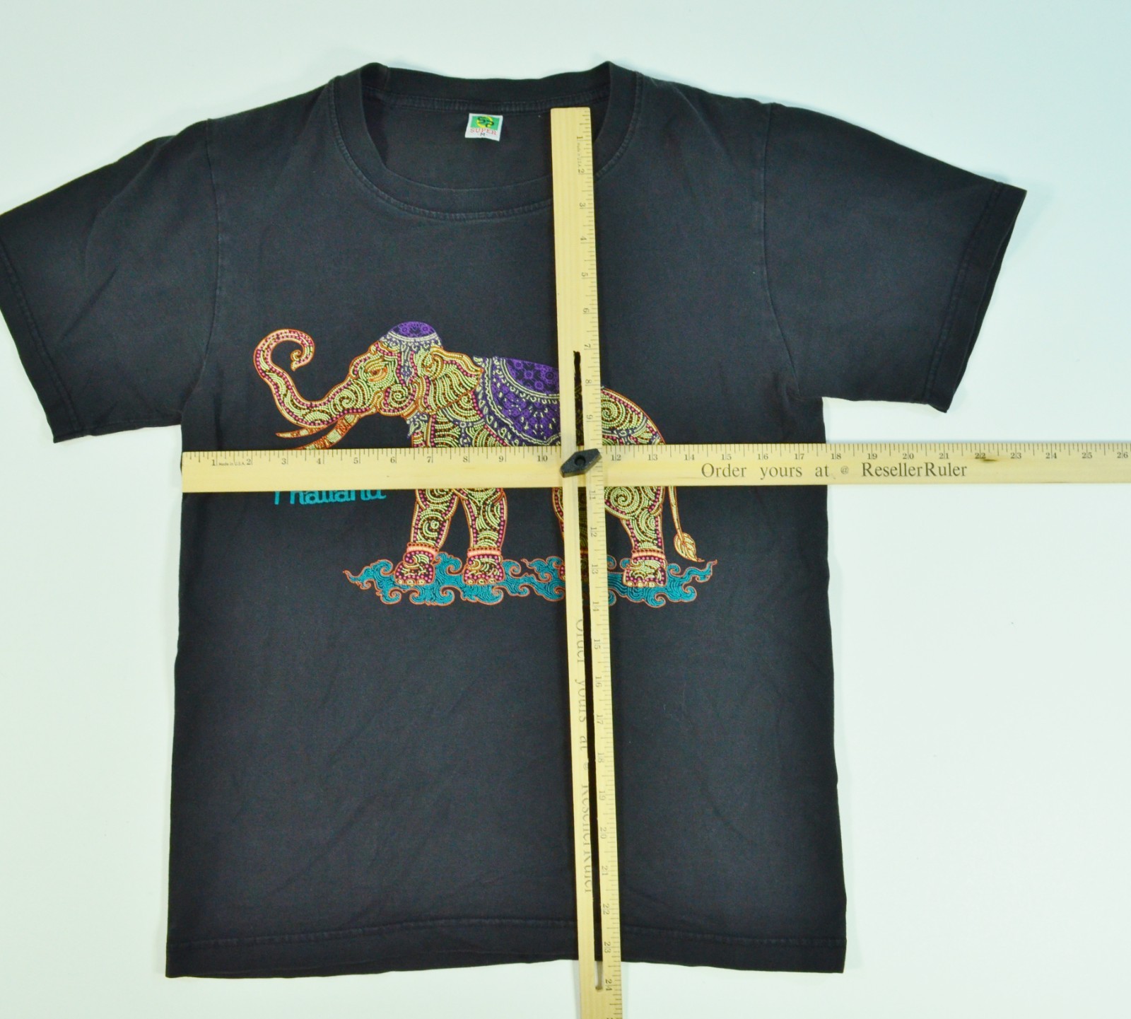 Vintage Thai Thailand Elephant Double Sided 90's Medium Black Shirt "Beaded Art" gallery