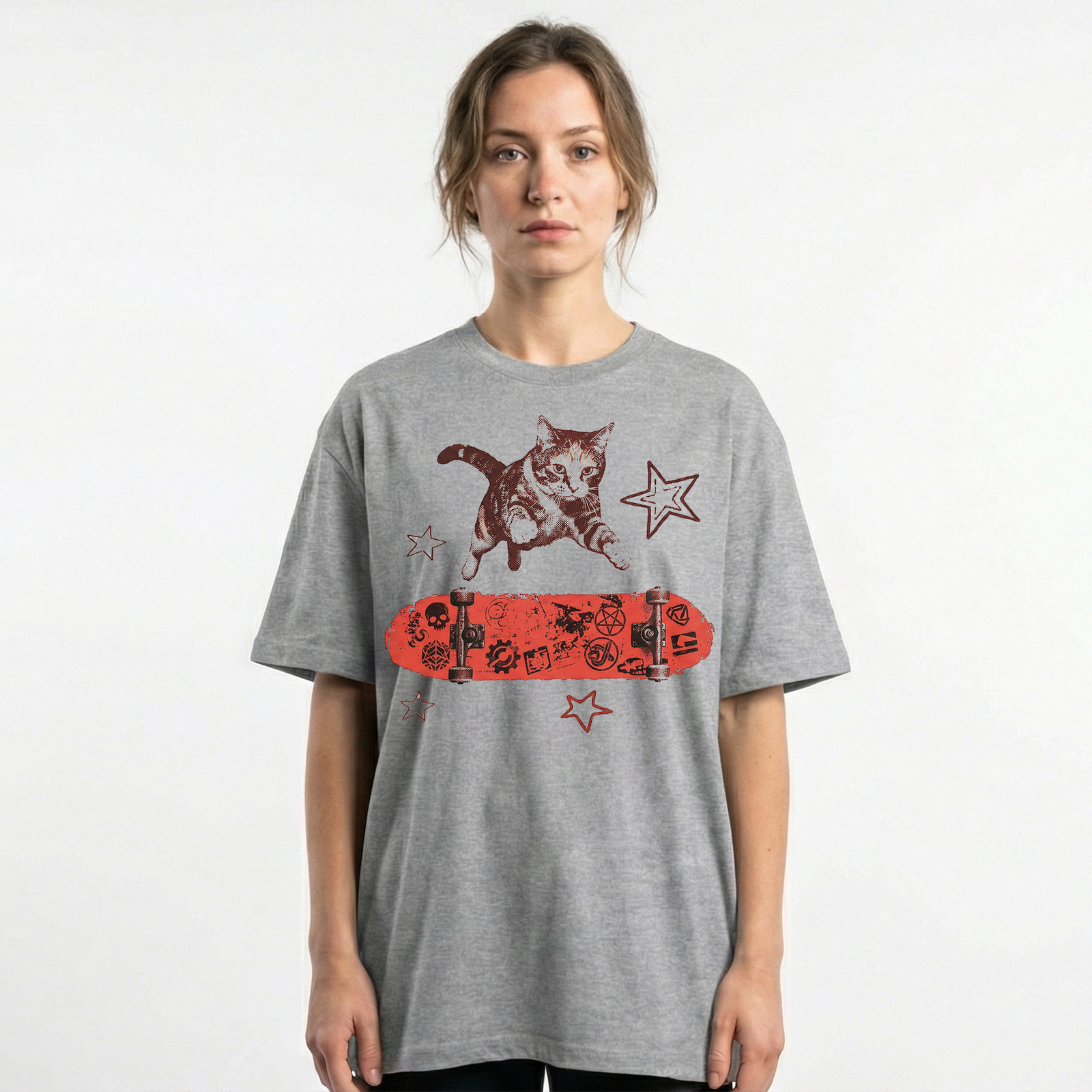 Red Skater Cat Symbols Skateboard T-Shirt Retro Punk Skull Streetwear Kitty Tee gallery