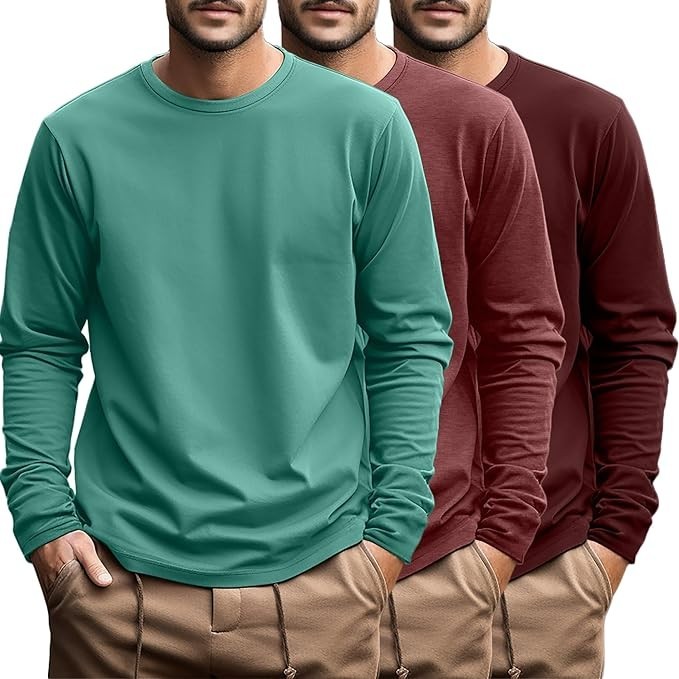 Ficerd 3 Pack men’s Big and Tall Shirts Long Sleeve Cotton Tee Crew Neck Oversiz