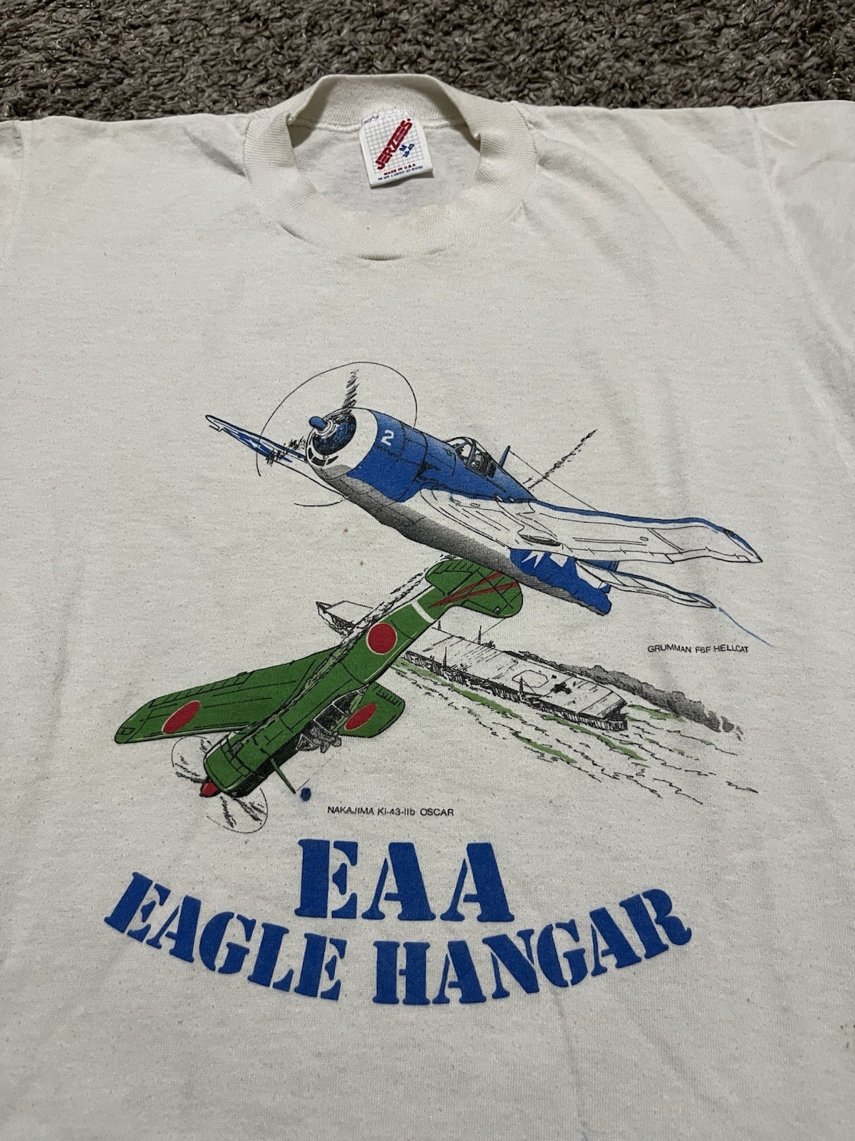 Vintage 80’s Single Stitch EAA Eagle Hanger Fighter Jet White T Shirt Size Small gallery