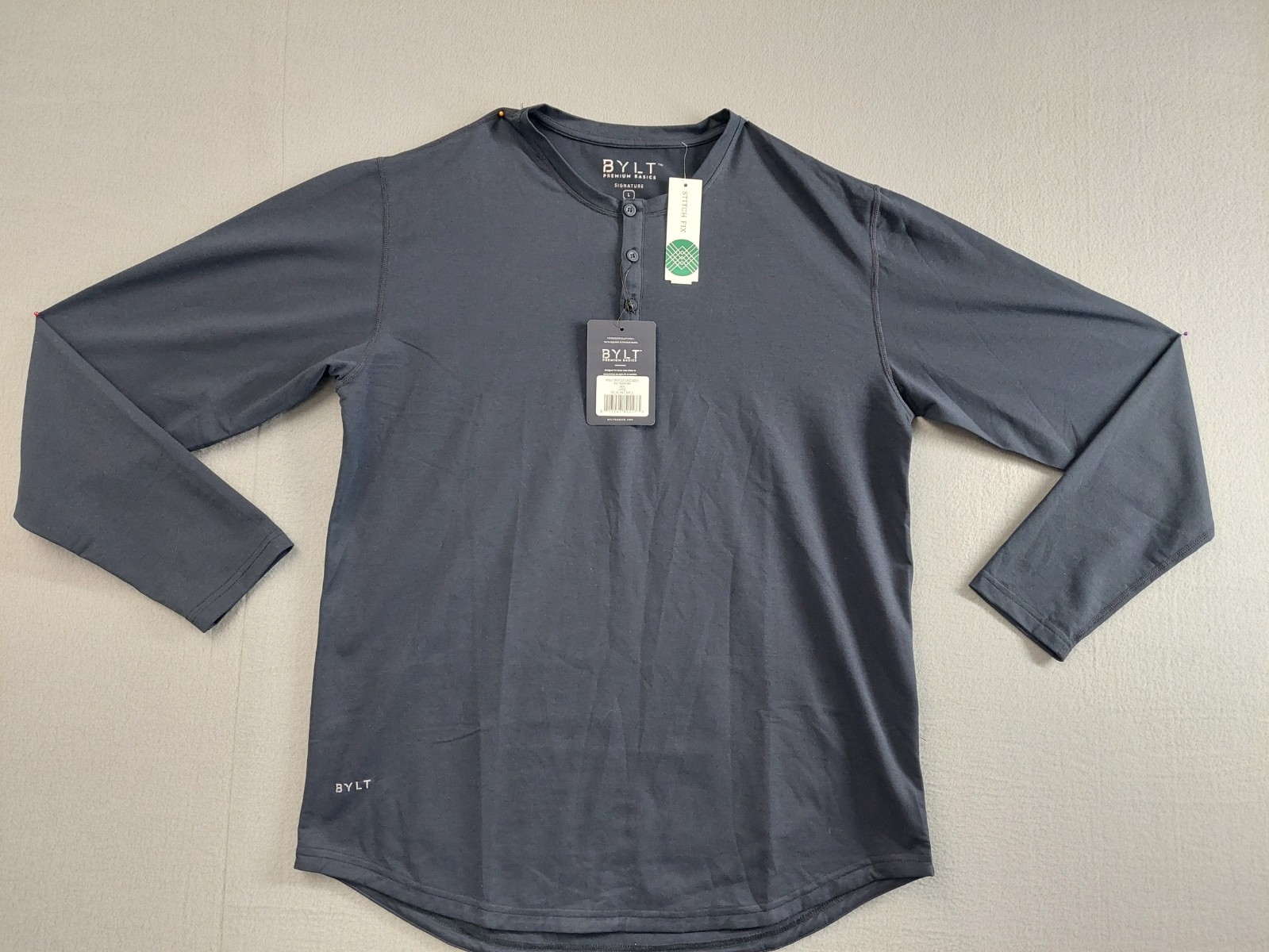 BYLT Men T Shirt L Gray Drop Cut Long Sleeve Stretch Button Up Logo Casual gallery
