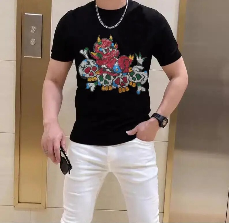 New Men Luxury Rhinestones Gothic Fashion Skull Black WhiteT-Shirt High Quality gallery