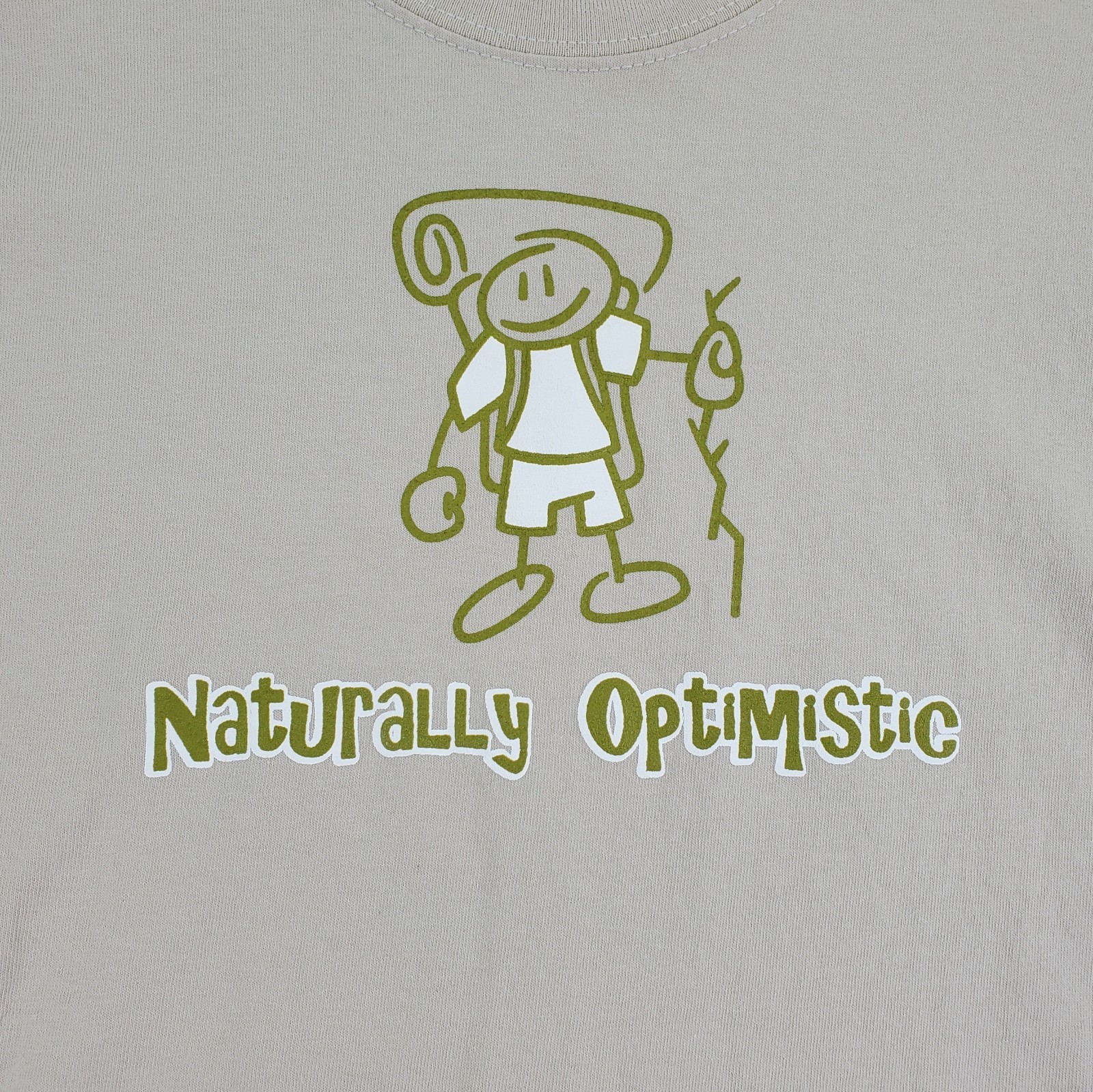 Naturally Optimistic Shirt Mens M Tan Hiking Camping Graphic Gildan Ultra EUC gallery