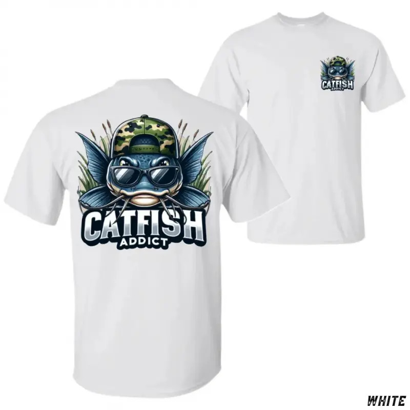 Catfish Addict Fishing T-Shirt Bold Graphic Tee Camo Hat Fisherman Gift Men gallery