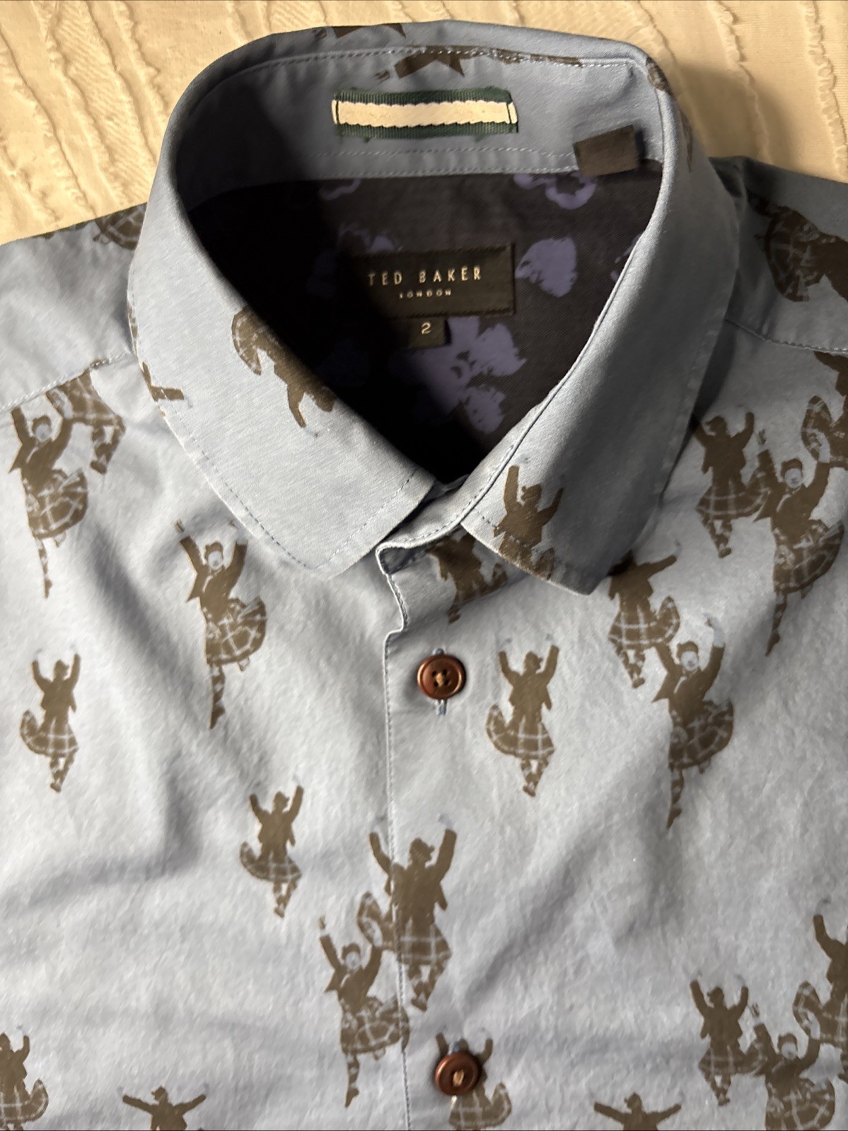 TED BAKER SHIRT SHORT SLEEVE NEW Blue Scottish Dancing print kilt S L BNWT Mens gallery