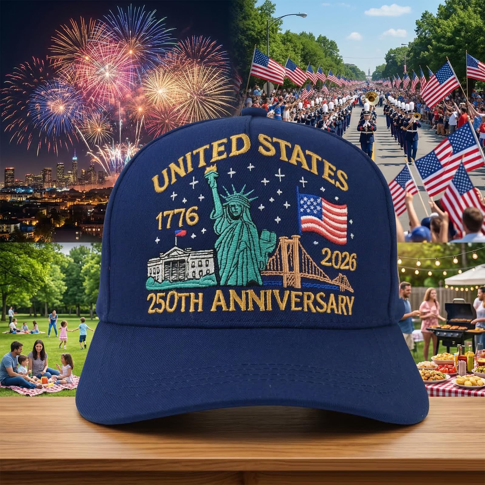 250th Anniversary USA Hat, Adjustable Embroidered Patriotic Retro Washed Base... gallery