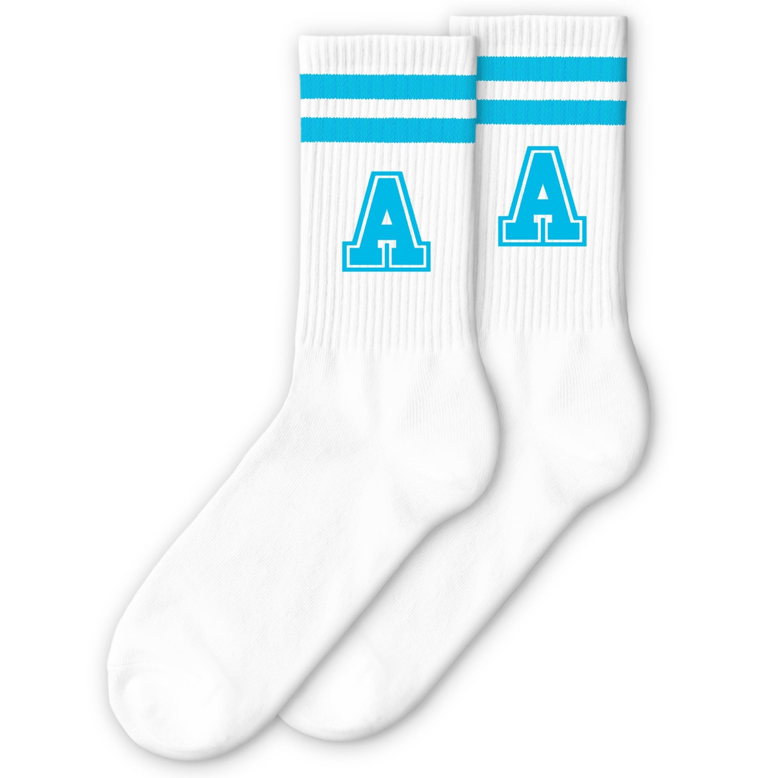 Sky Blue Initial Stripes Socks with Letter A, Retro Athletic Style Socks, Per... gallery