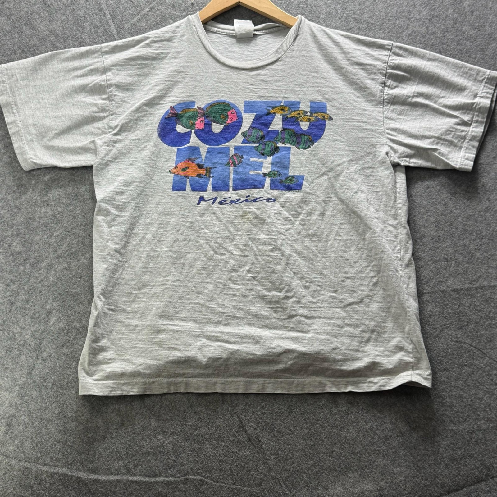 Vintage LOLAS Shirt Mens XL Gray Cozumel Mexico Fish Graphic Tee Crewneck Beach