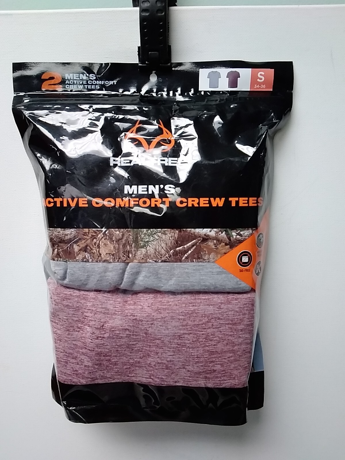 Realtree Mens Active Comfort Crew Tee Shirts Small(34-36) Pack of 2 Gray/Red