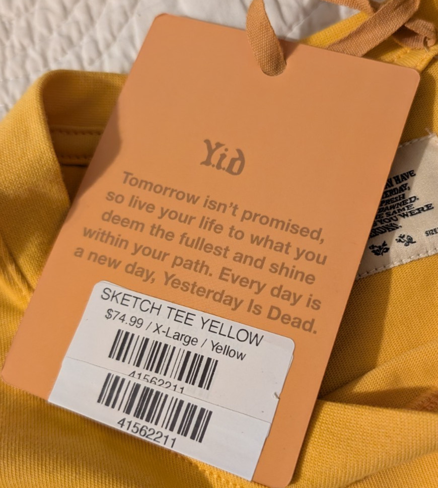 Yesterday Is Dead Men’s Embroidered Yellow Tee Shirt NWT - Size XL -NEW! gallery