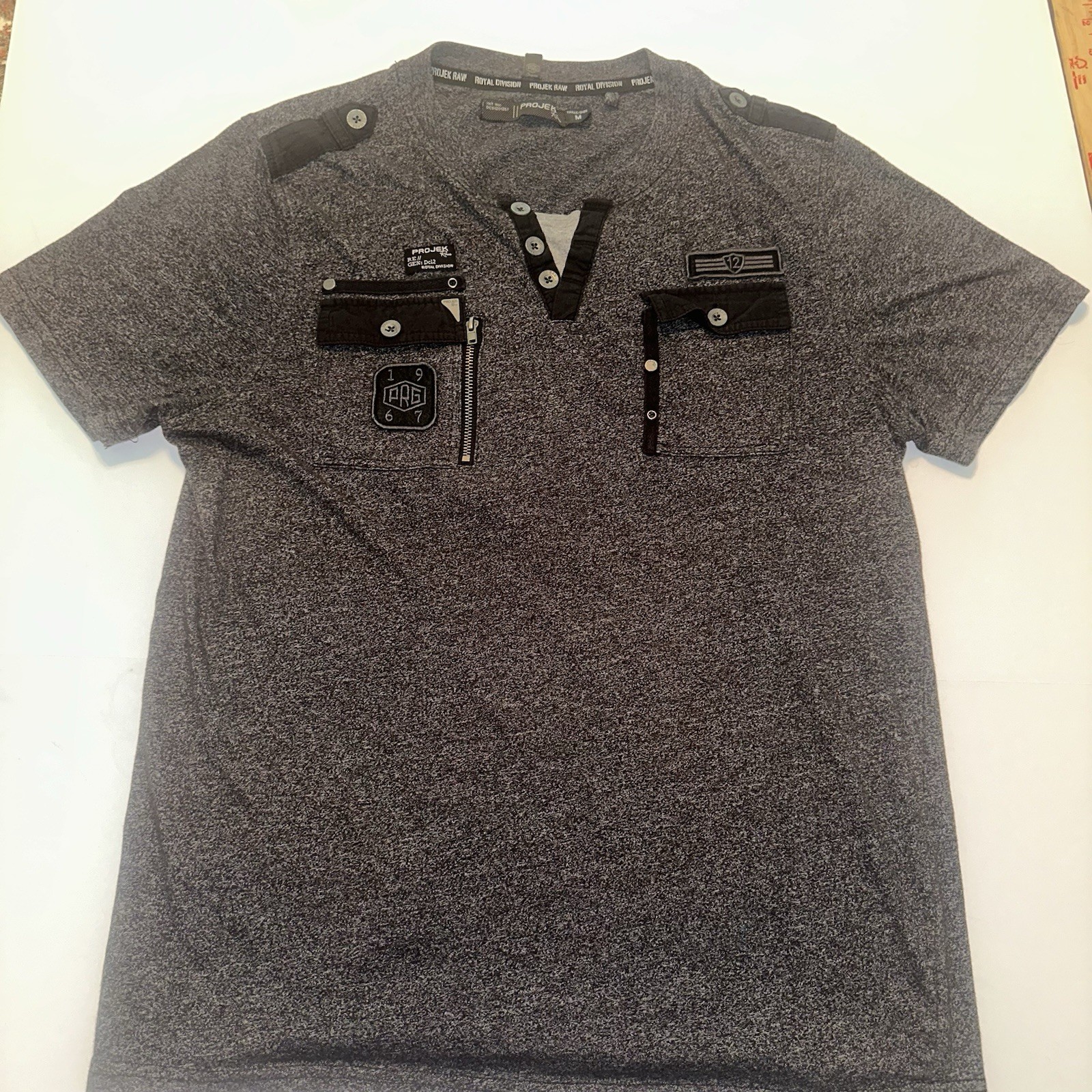PROJEK RAW Mens M Urban Tactical Style Henley Shirt Heather Gray Zip Utility Y2K gallery