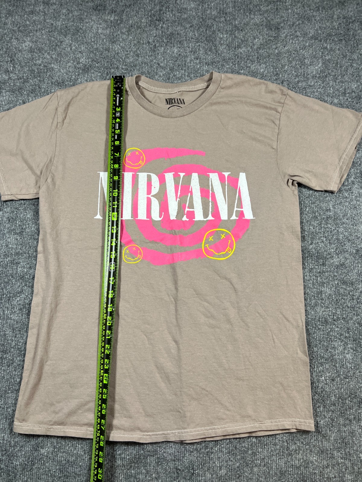 Nirvana Band T Shirt Mens Medium Beige Cotton Happy Face Graphic Everyday Wear gallery