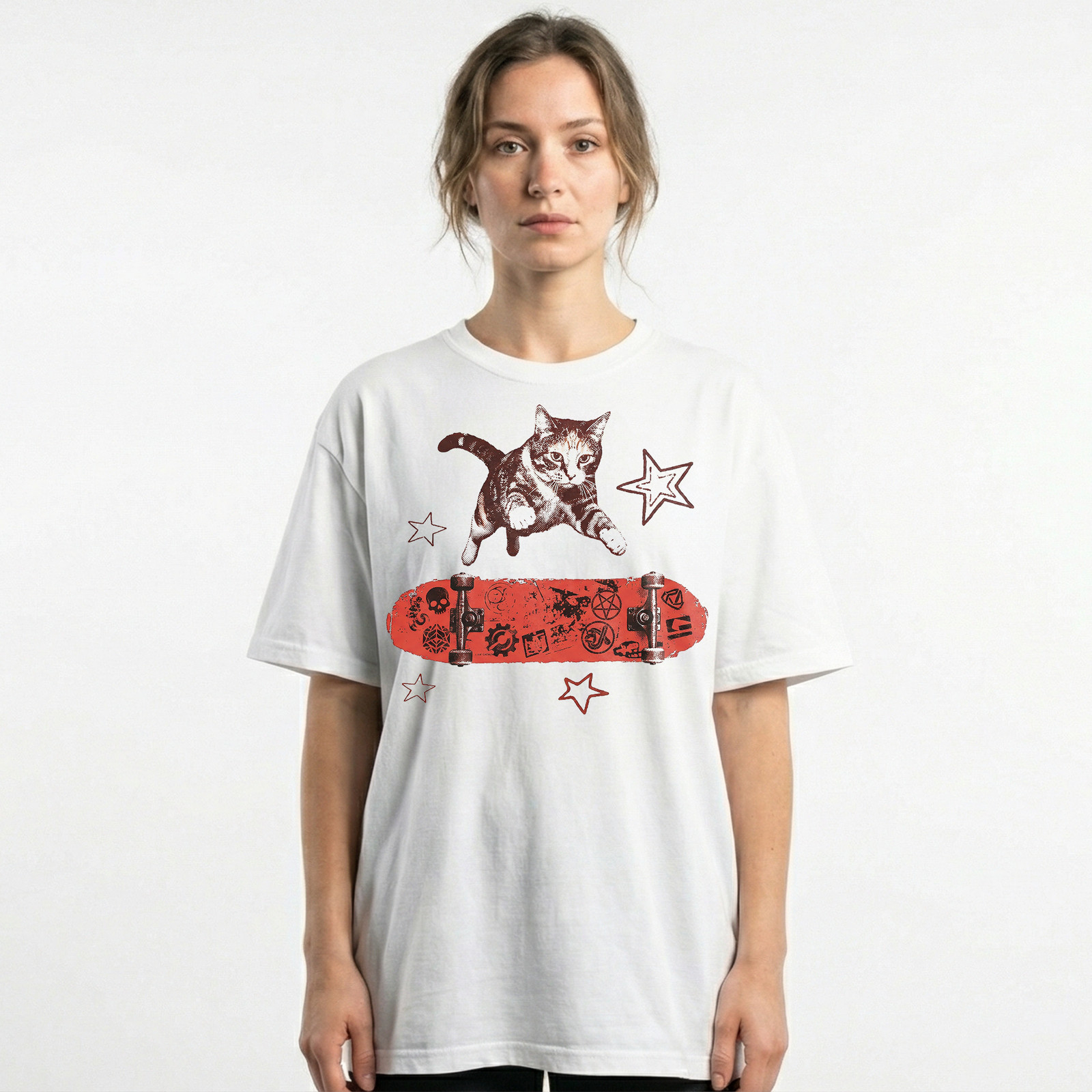 Red Skater Cat Symbols Skateboard T-Shirt Retro Punk Skull Streetwear Kitty Tee gallery