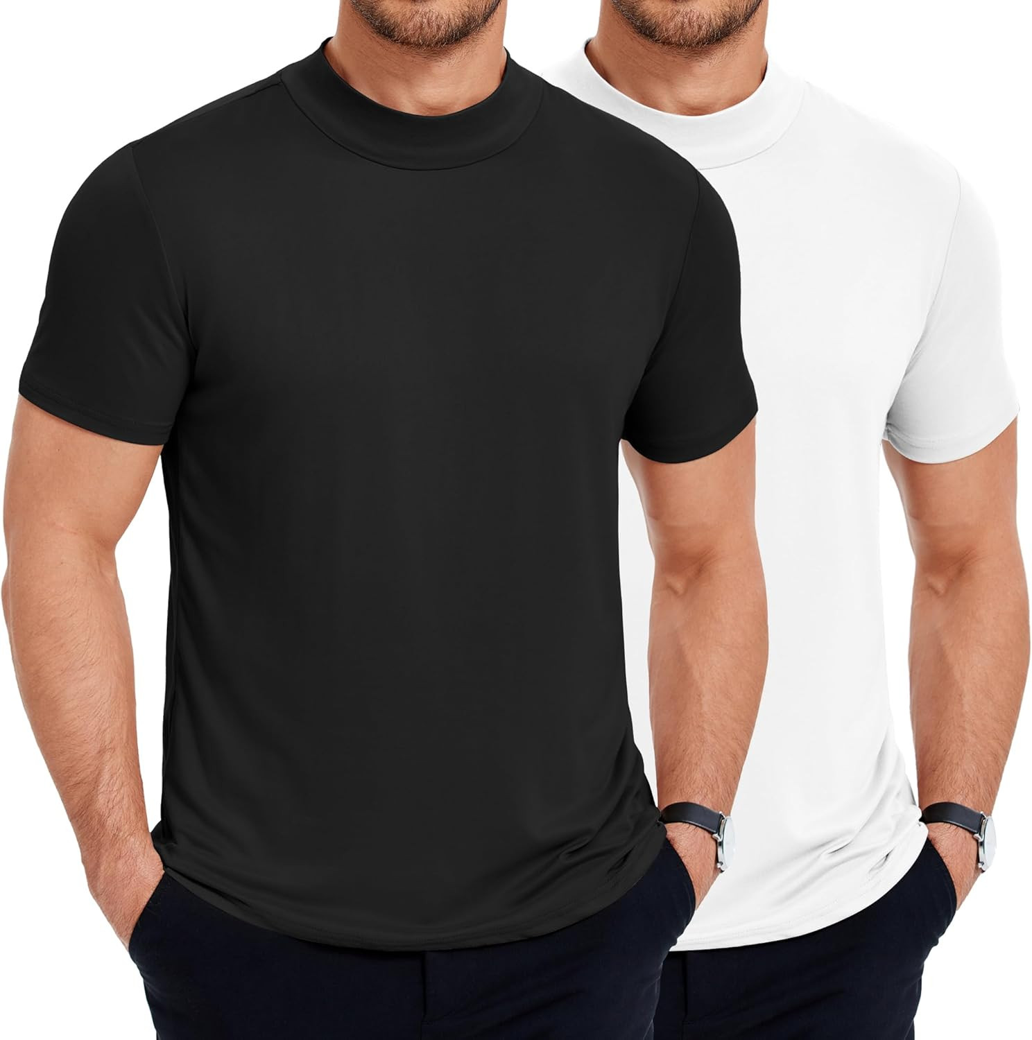 Men'S Mock Neck T Shirt Short Sleeve Slim Fit Basic Casual T-Shirts Solid Color gallery