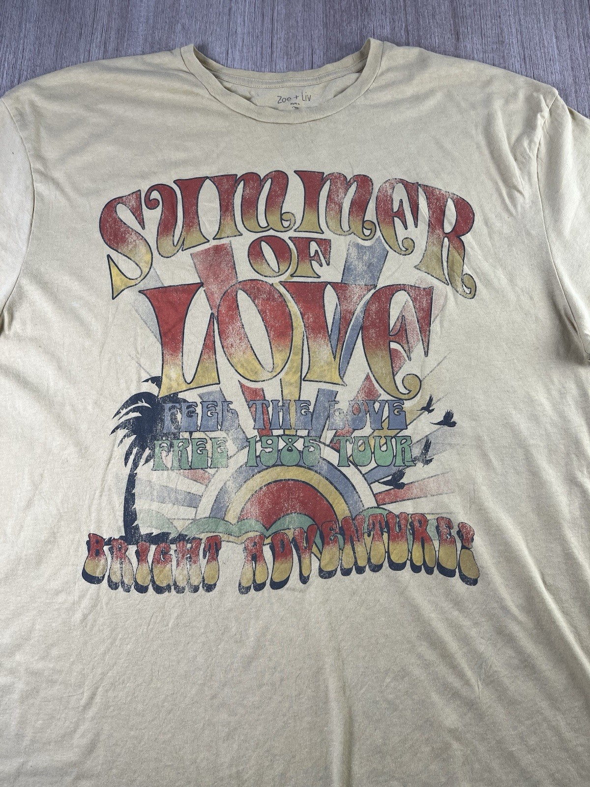 Zoe + Liv Summer of Love 1985 Graphic T-Shirt L/XL Yellow Retro Boho Hippie Tour gallery