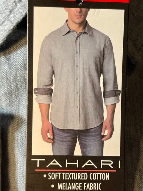 TAHARI MEN’S BRUSHED HERRINGBONE BUTTON DOWN SHIRT (BLUE GREY CUFF MEDIUM) NWT