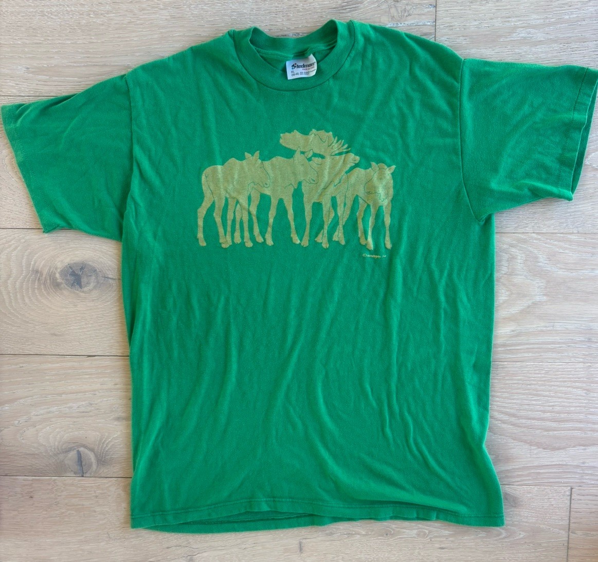 Vintage Stedman Moose Family Graphic T Shirt XL Made USA Single Stitch Green