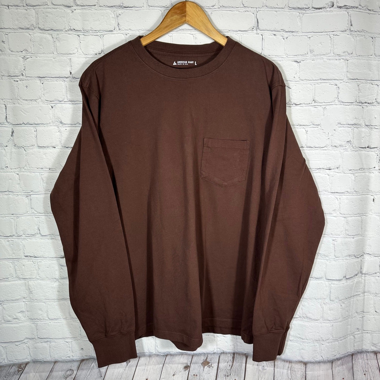 American Giant Mens Long Sleeve Pocket T-Shirt Brown Cotton Made in USA Large