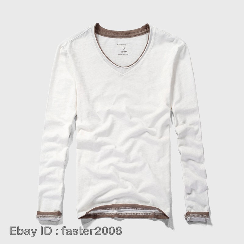 Hot Mens Long-Sleeved T-Shirts New Cotton V-Neck Solid Color Casual Slim Tops gallery