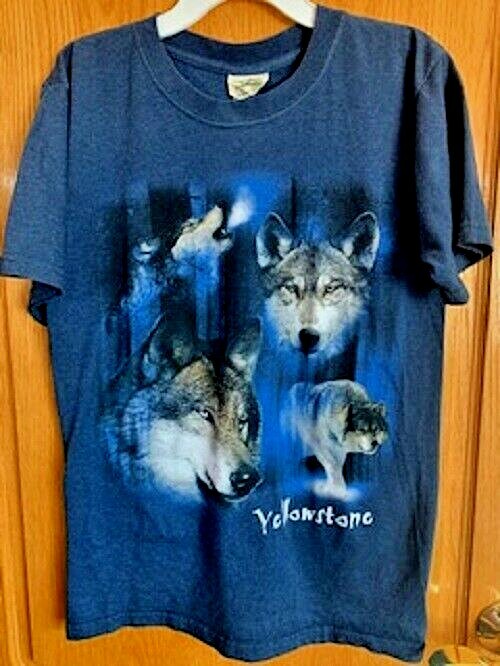 NEW Eco Mountain Men’s Vintage Yellowstone Four Wolf T-Shirt Blue Heather S