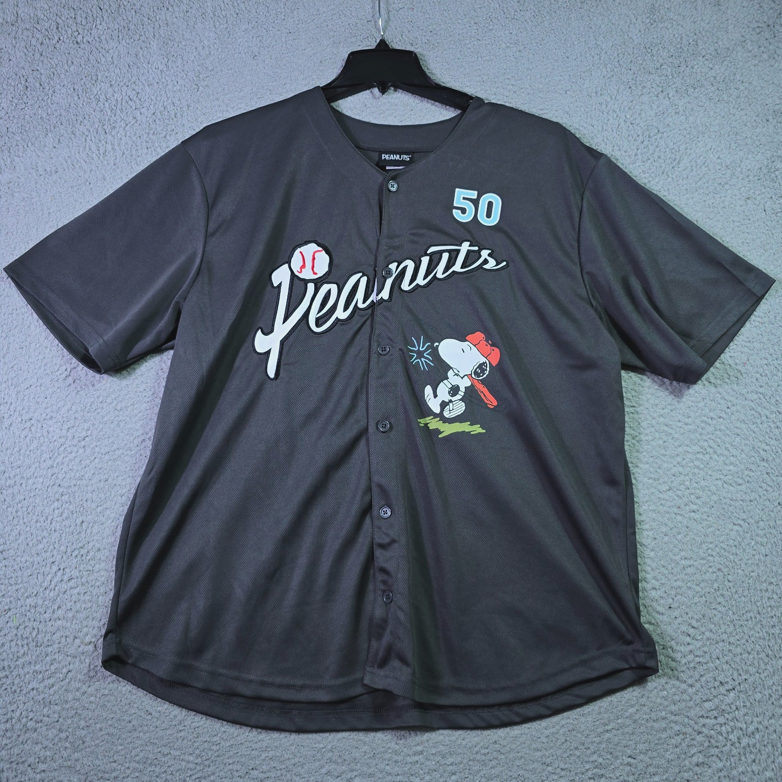 Peanuts® Snoopy Baseball Jersey shirt Mens XL Black Charlie Brown Button Up NWT gallery