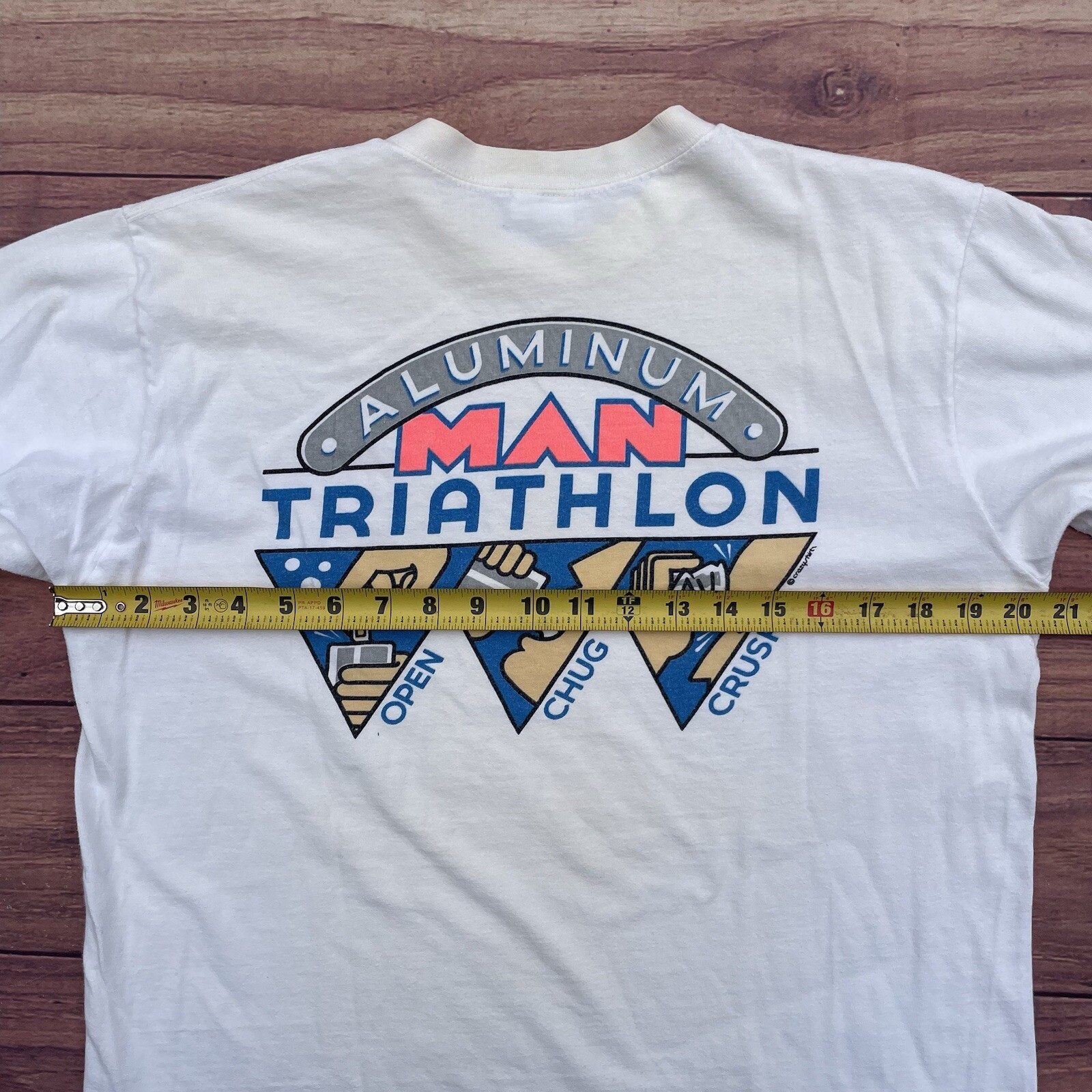 Vtg Crazy Shirts Aluminum Man Triathlon Shirt Beer Drinking Open Chug Crush Sz L gallery