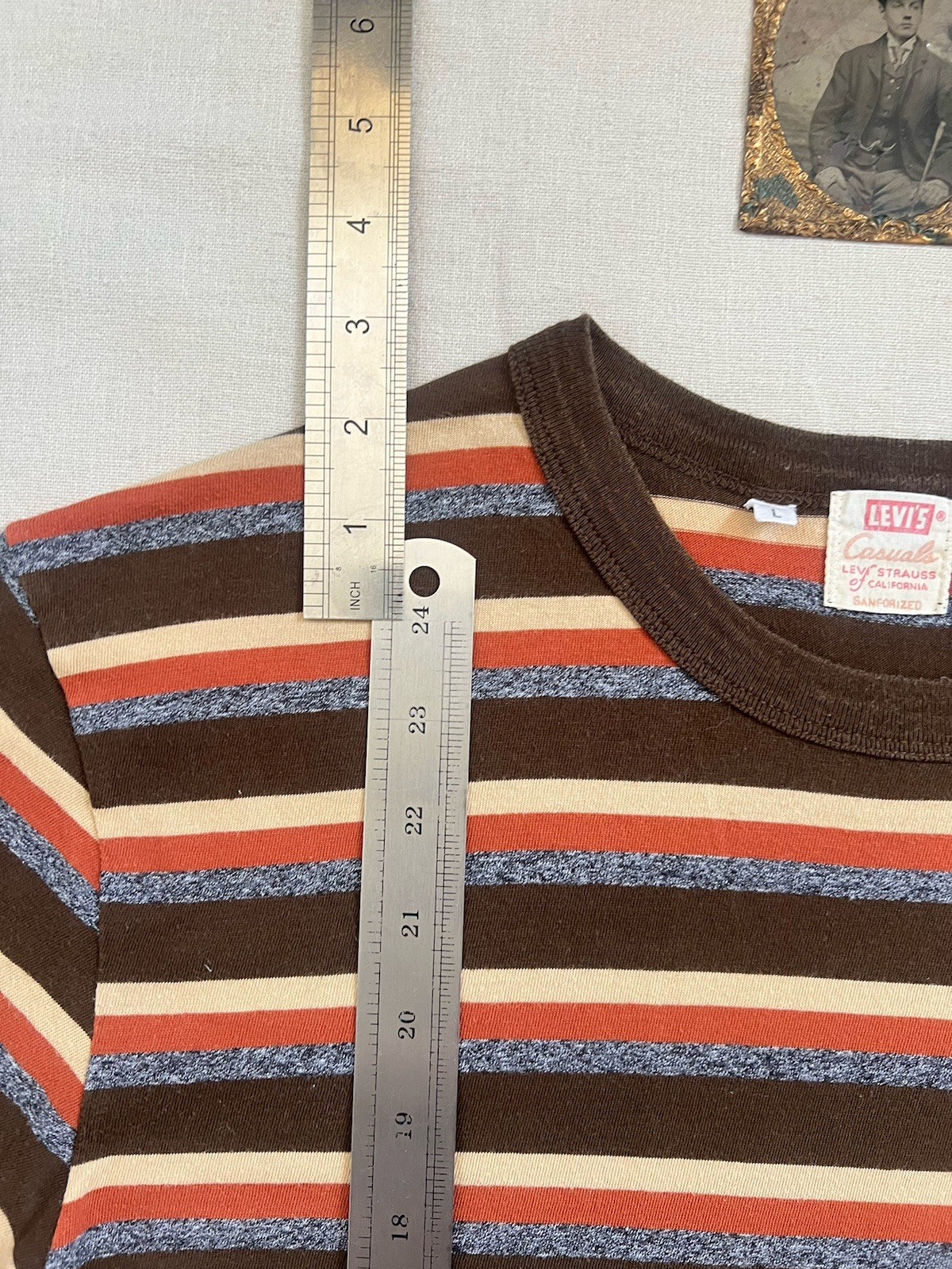 Levis LVC T-Shirt L Stripe 60s Casuals Brown Grey Vintage Clothing Single Stitch gallery