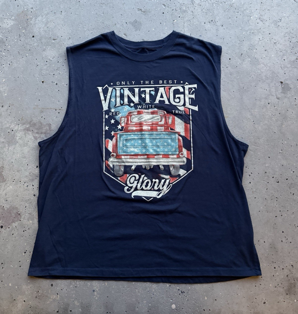 Vintage Patriotic Graphic Print Sleeveless Crew Neck T-Shirt Men’s 2XL Blue