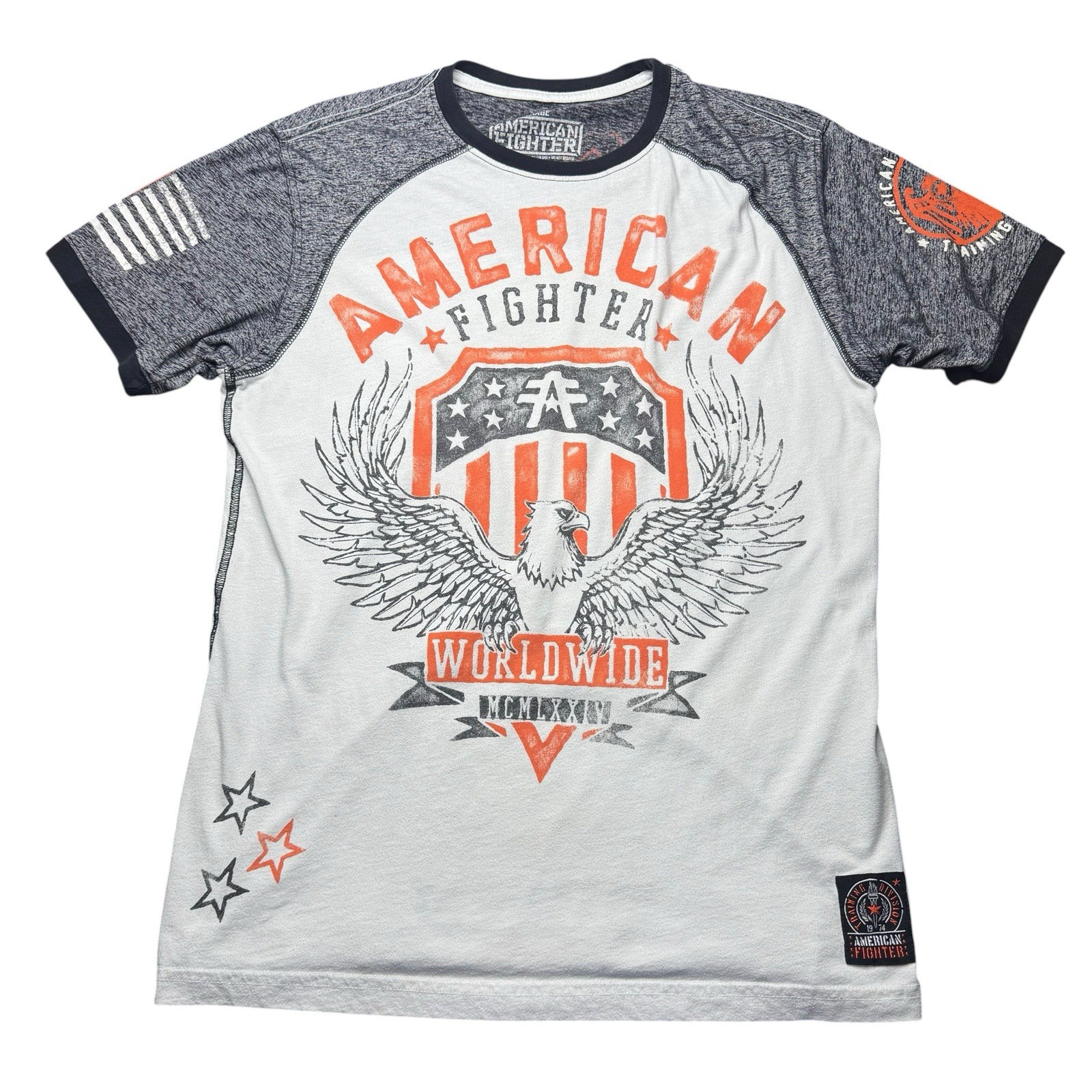 American Fighter Mens Large T Shirt White Gray Orange MMA Y2K