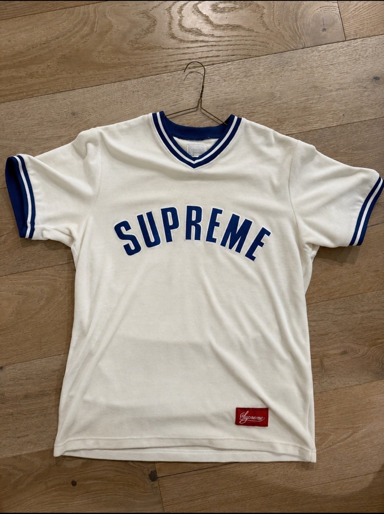 Supreme Velour Arched Embroidered Logo V Neck Baseball Top Size L, nice!!