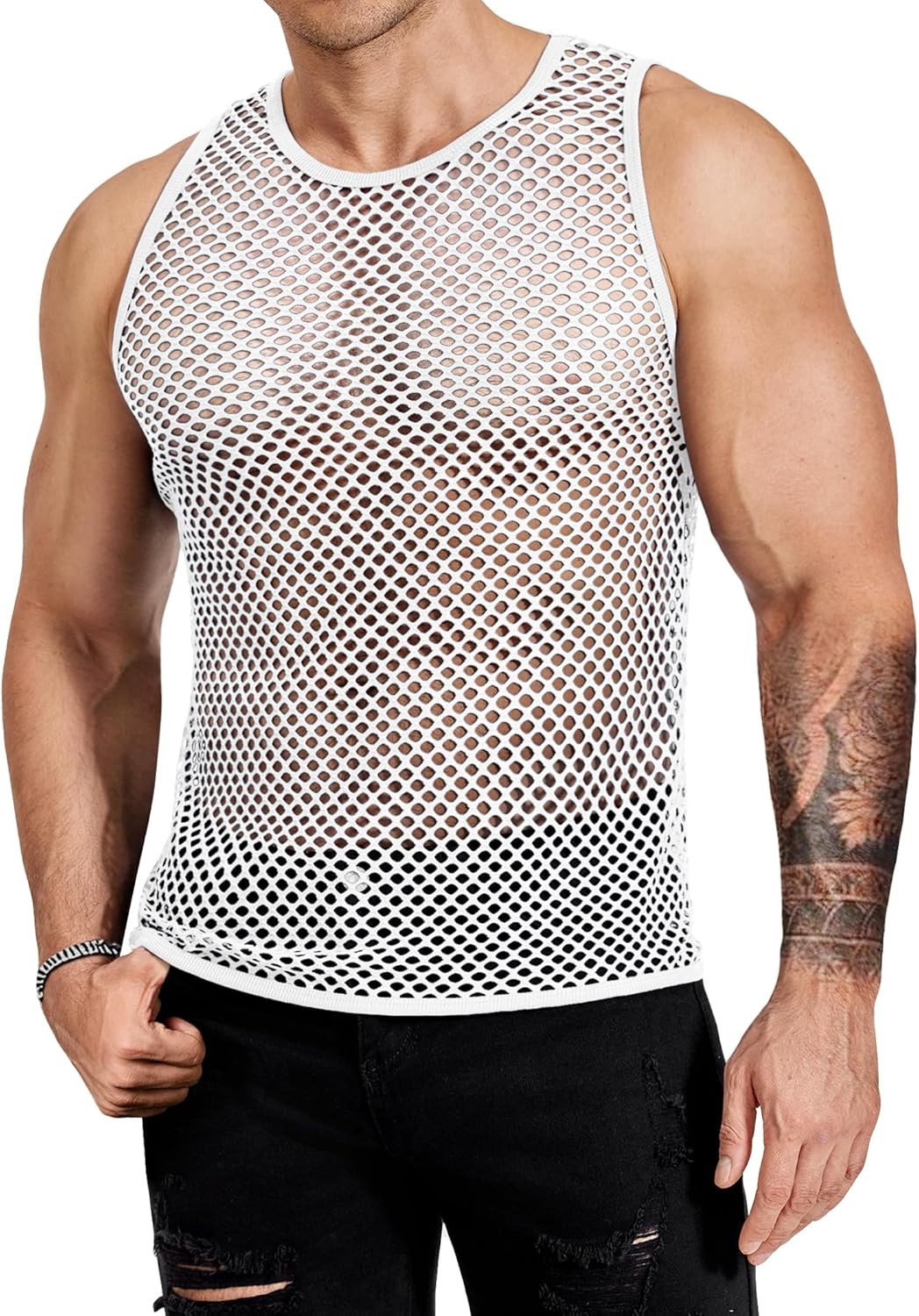 Mens Mesh Fishnet Muscle Tank Tops See Through Sleeveless Summer Clubwear Shirts