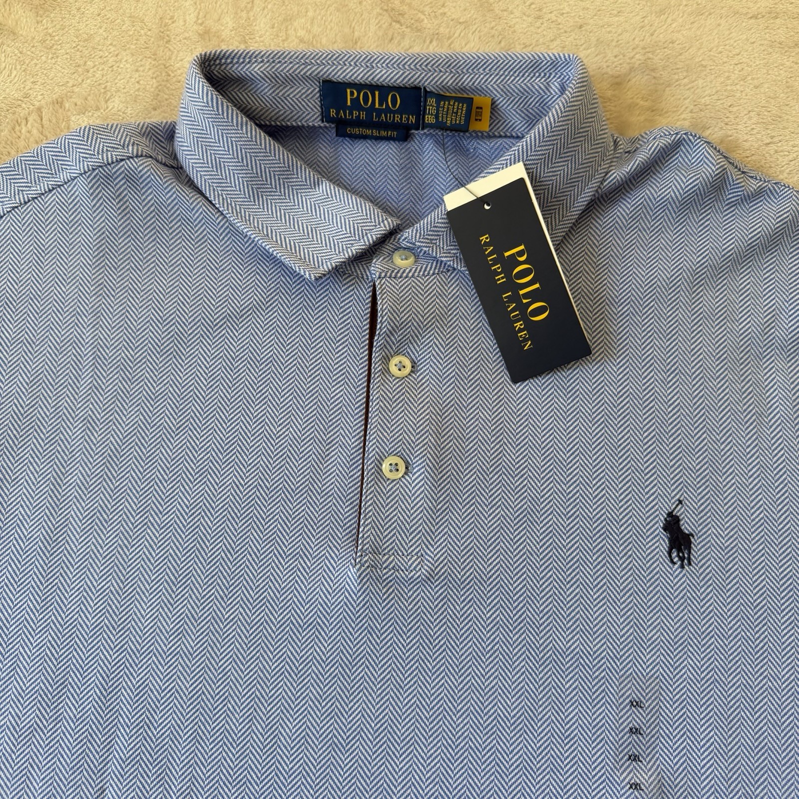 Polo Ralph Lauren Custom Slim Fit Herringbone Polo Long Sleeve Shirt Blue Sz XXL gallery