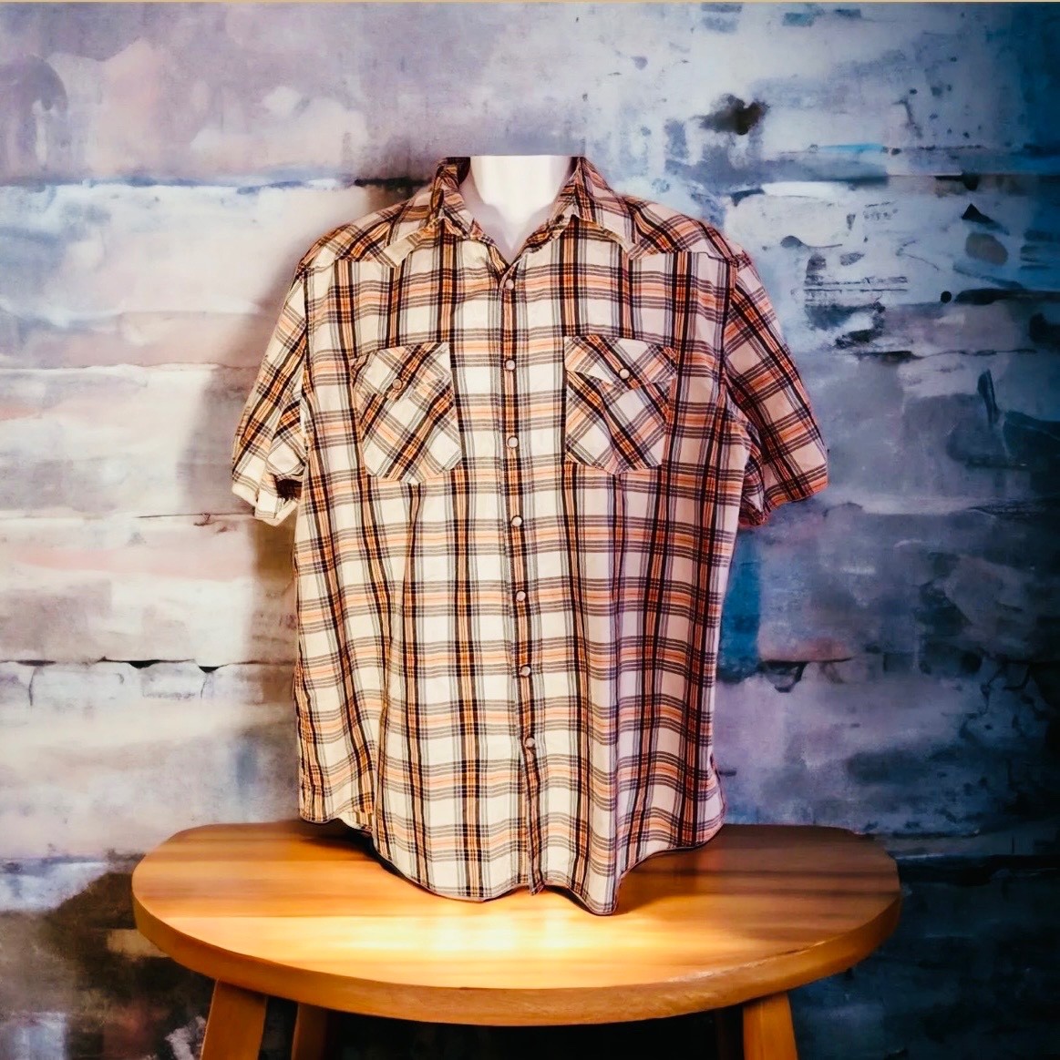 Men’s Western Fit Plaid Shirt XL Orange Black Gray White Pre-Owned gallery