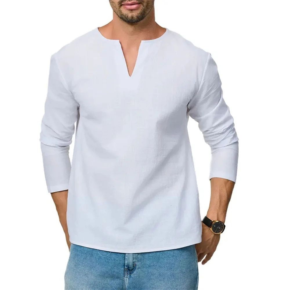 Men's Cotton Linen V Neck Shirt Long Sleeve Casual Lightweight Tee gallery