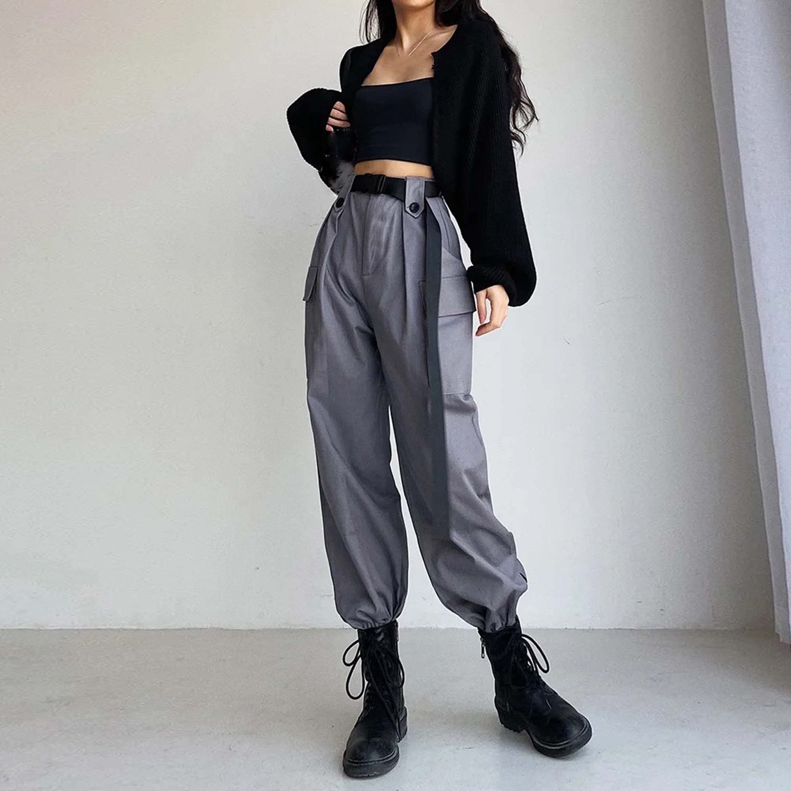 High Waist Solid Color Large Pocket Cargo Pants Women Loose Bundle Foot Ribbon gallery