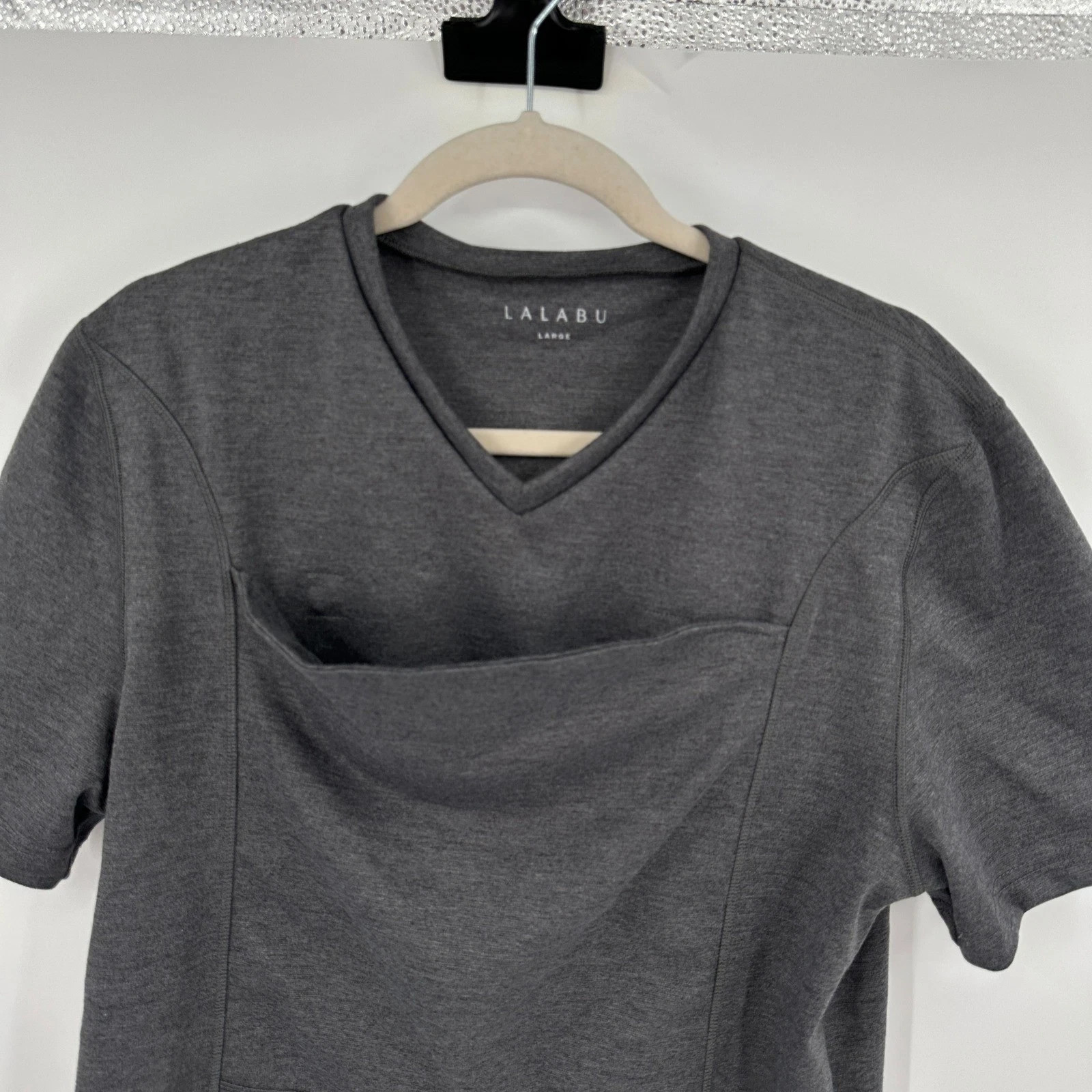 Lalabu Gray Shirt Men's V -Neck Swaddle Kangaroo Front Pocket Stretch sz L gallery