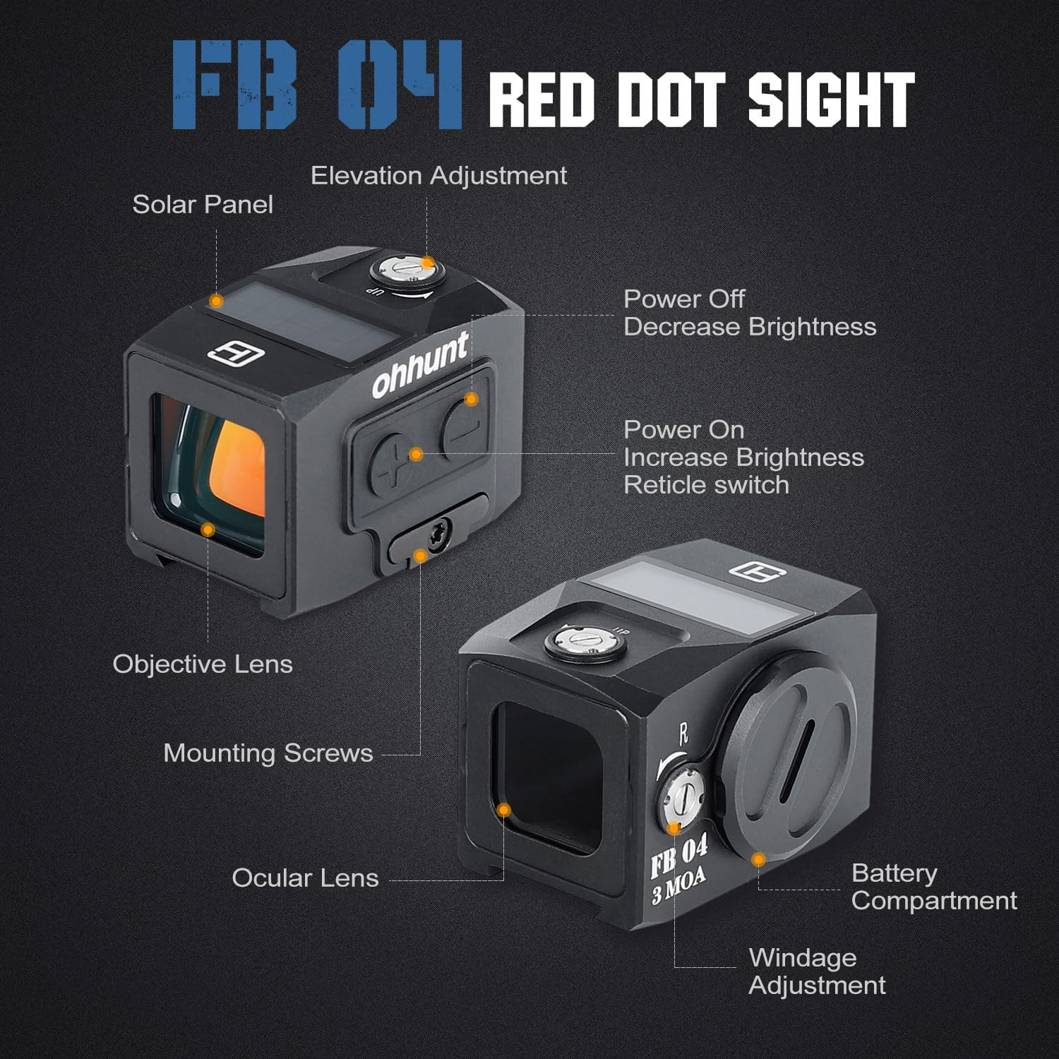 FB O4 Red Dot Sight Shake Awake Red Dot Multi-Reticle System Solar Panel with Ad
