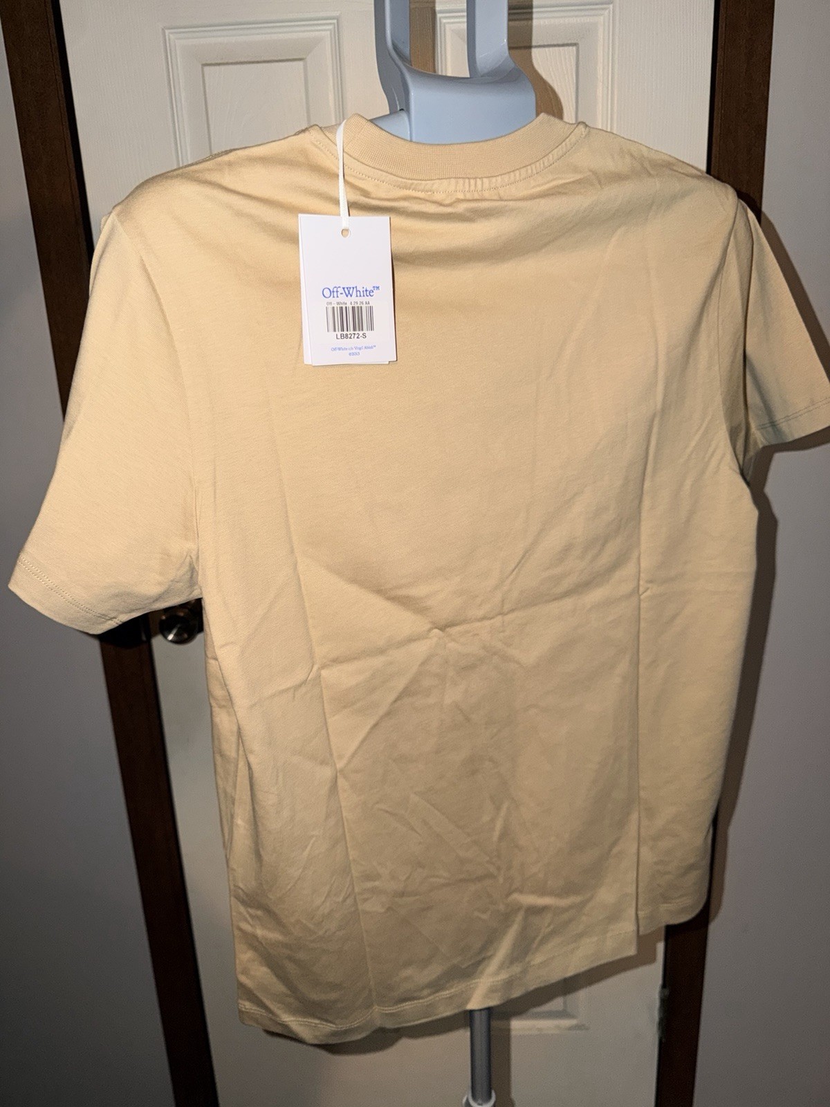 Off-White Men's Beige Logo Graphic Print Cotton Jersey Crew Neck T-Shirt S gallery