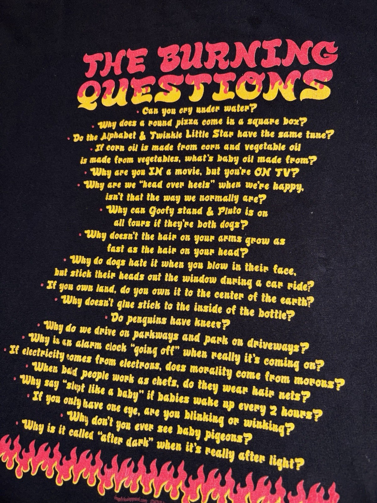 Vintage Y2K Burning Questions Short Sleeve Tee Black w Yellow Print Adult L