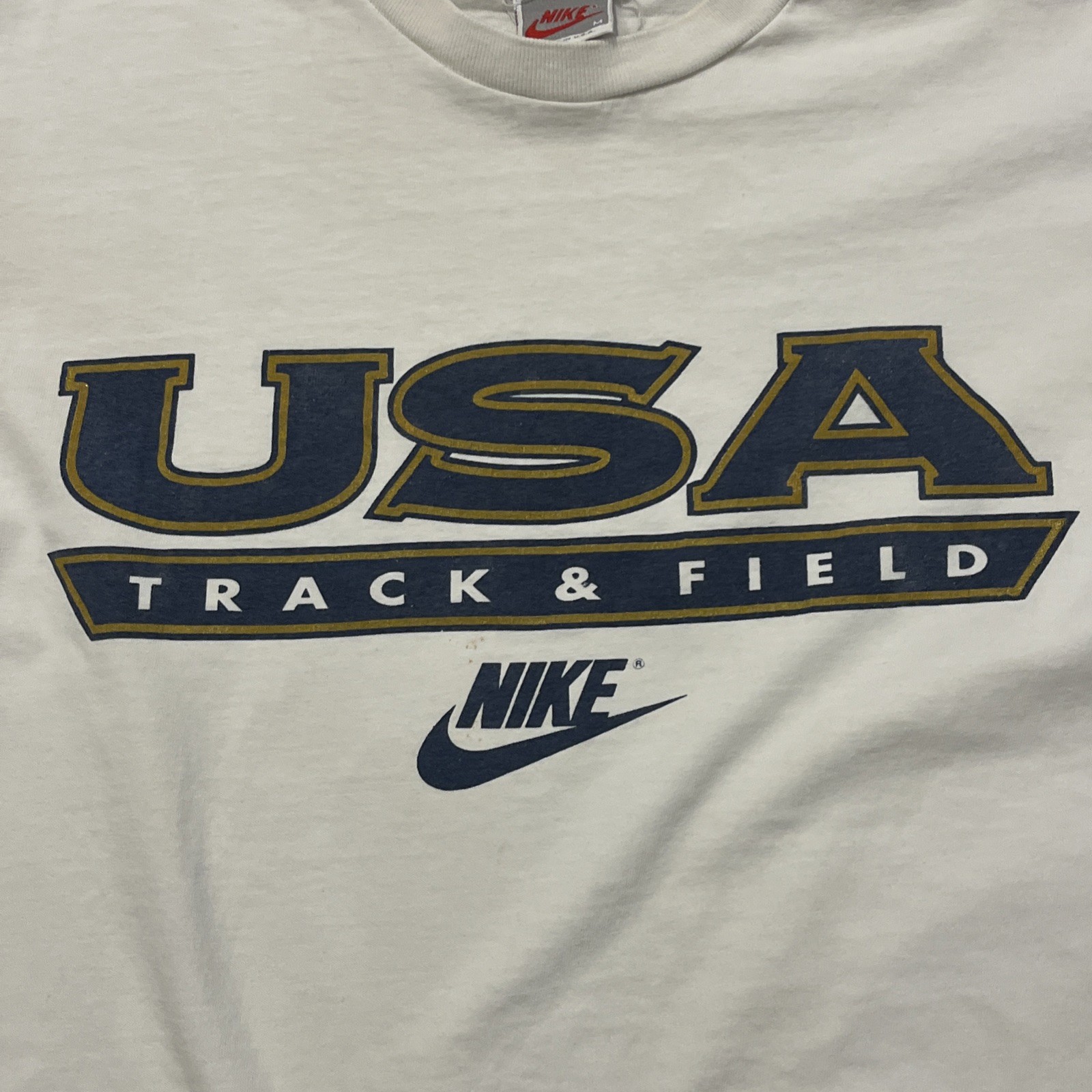 Nike Men’s USA Made Track And Field T Shirt Medium White Single Stitch Red 90’s gallery