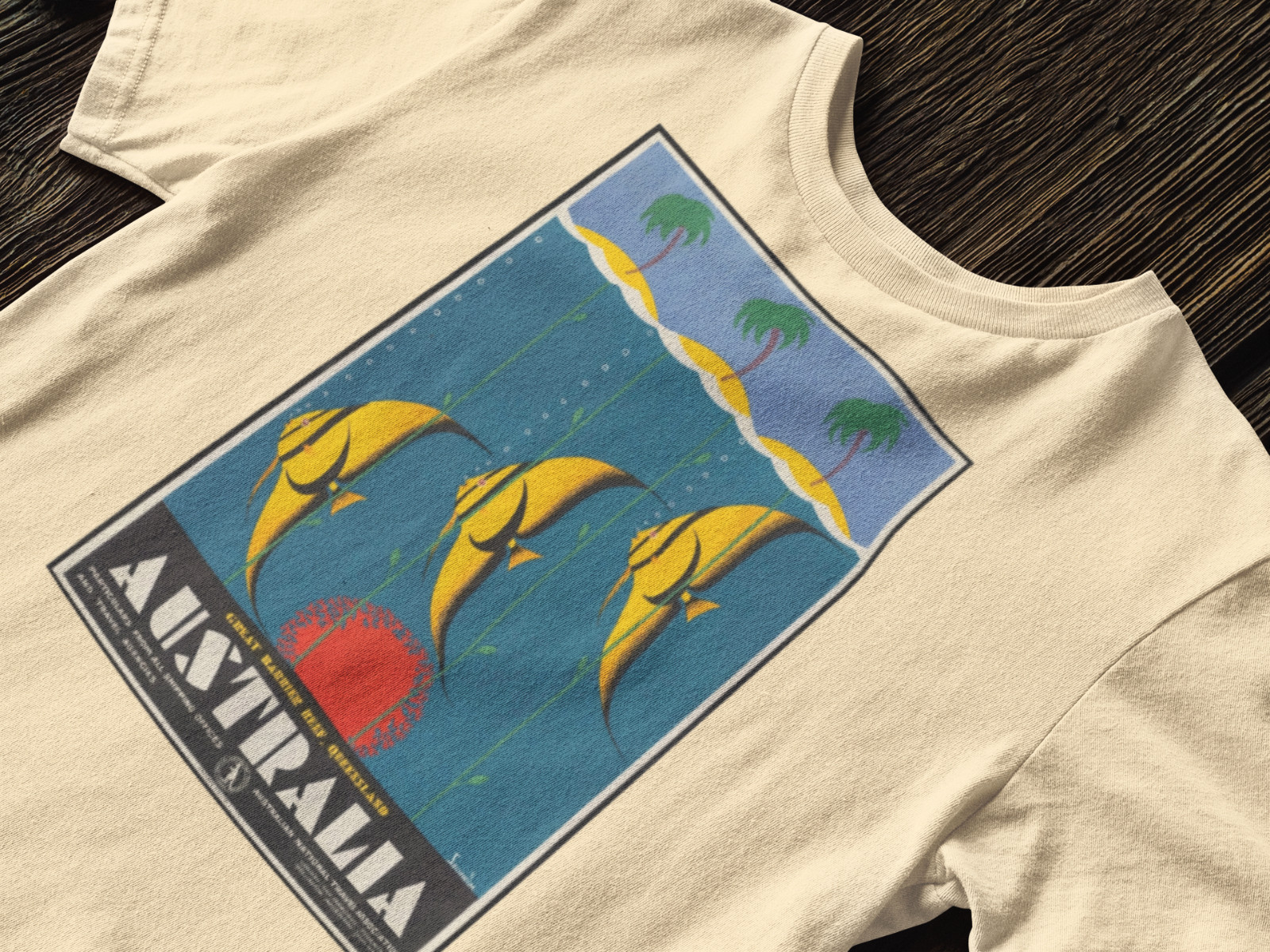Australia Vintage Travel Poster T-Shirt, Great Barrier Reef Retro Ocean Fish Art