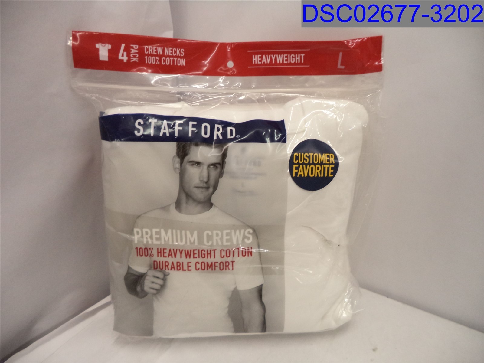 Qty= 4 (1 Pack of 4) Stafford Men’s White Crew Neck Tshirts, Size= Large,