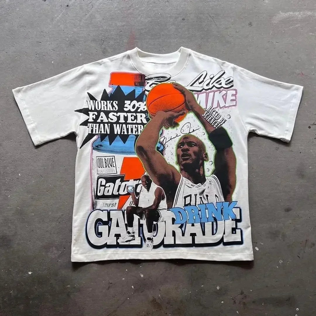 Men's Summer Retro Letter Portrait Printed T-shirt Boxy Fit Y2k Urban Streetwear gallery