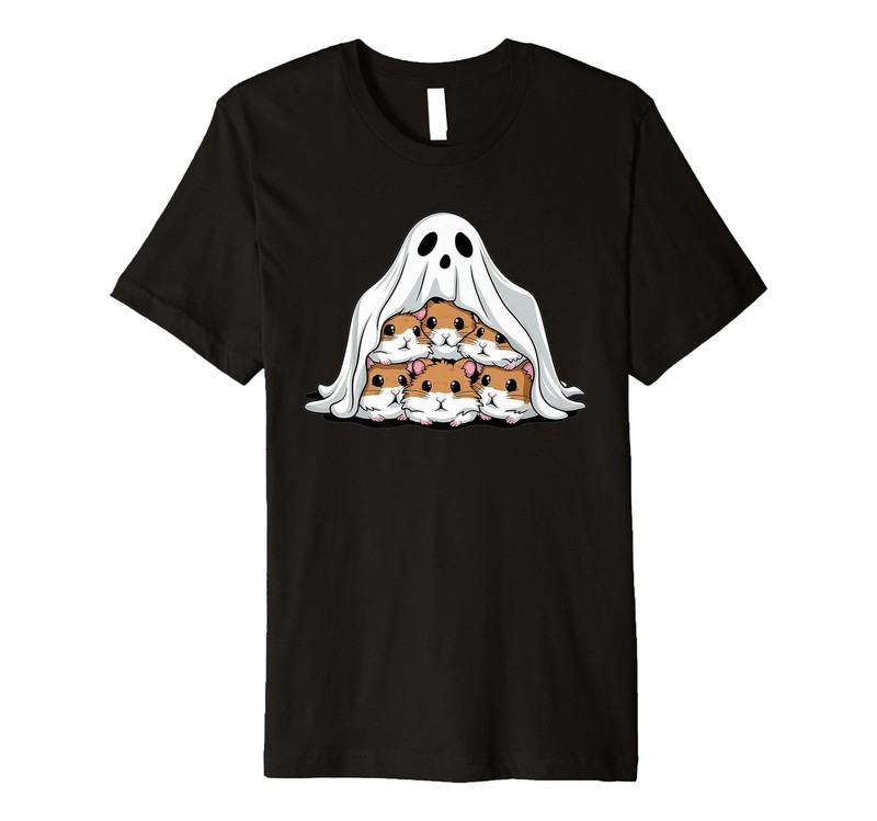 six Cute Halloween Hamster Dressed as Ghost, bed hide Premium T-Shirt
