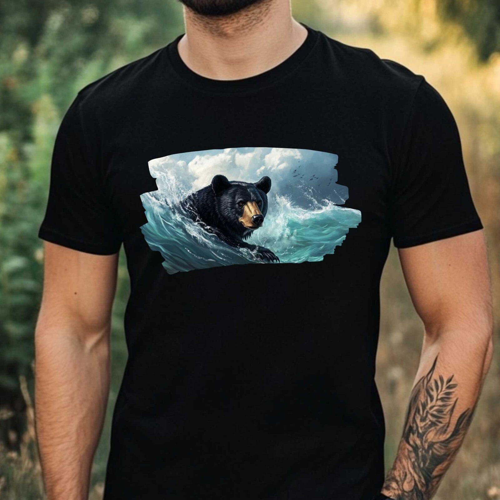 Mens Black Bear Swimming in Ocean Motif Cotton T-Shirt Size XS to 5XL
