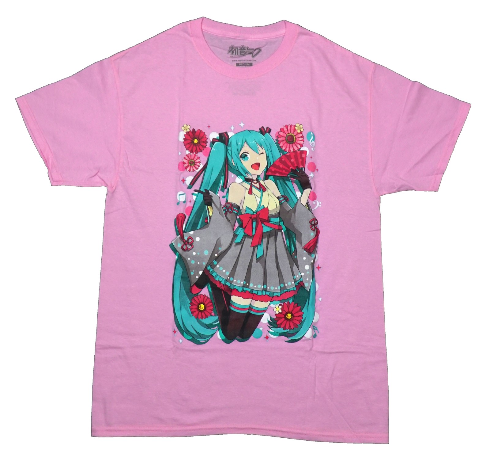 Hatsune Miku New Adult T-Shirt – Holding Fan Jumping Amongst Red Daisies