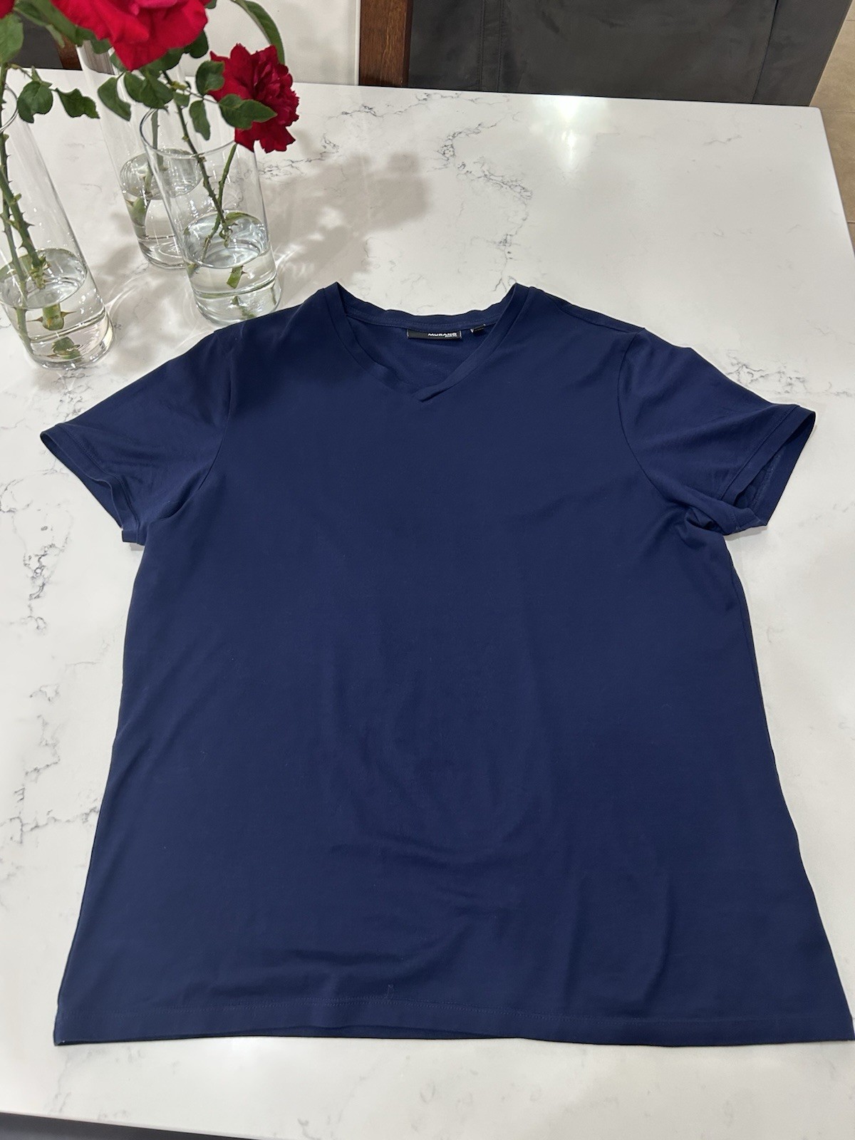 Lot of 2 Murano Men's Large Slim Fit V-Neck Short Sleeve Tee White Navy Blue gallery