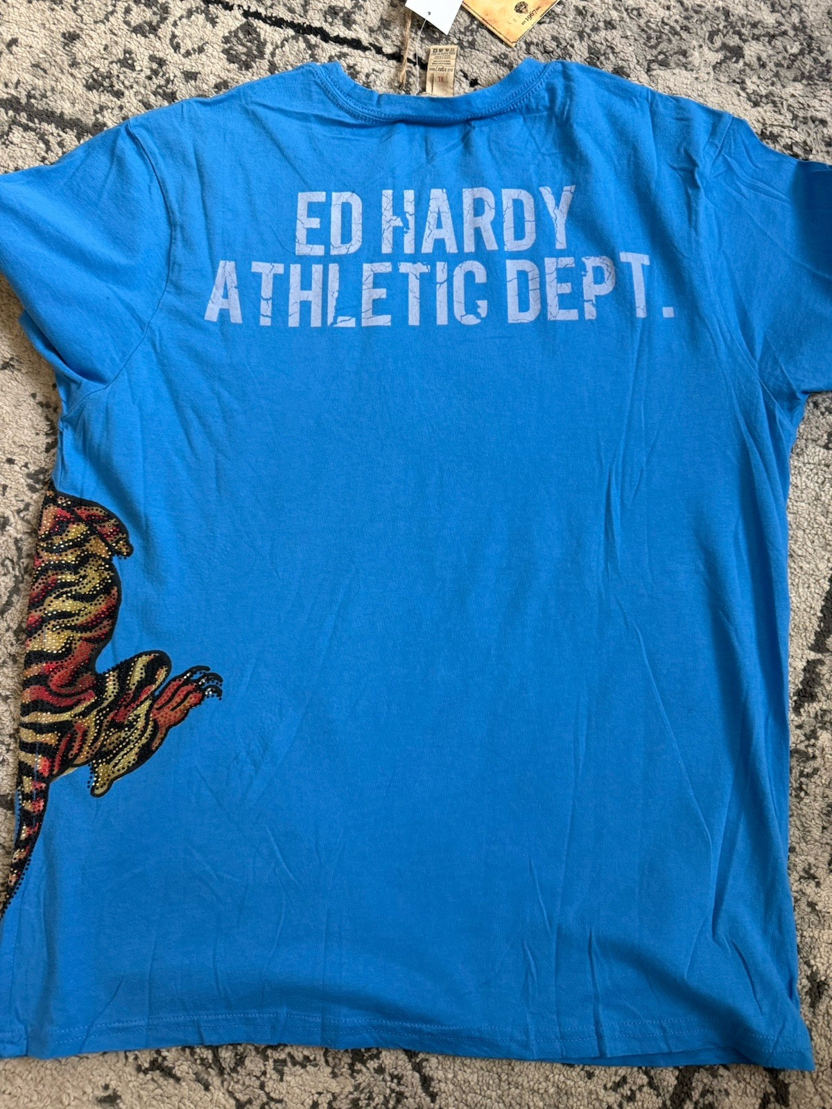 NWT Ed Hardy Rhinestone Tiger AOP T-shirt Size XL Blue Athletic Dept gallery