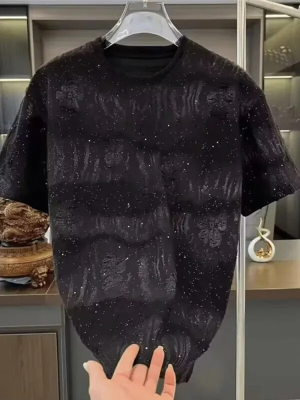 Men Luxury Fashion Trendy Ripped Sequin Diamond Rhinestone Summer T-shirt gallery
