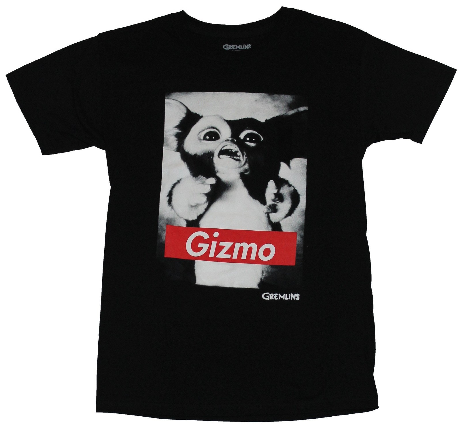 Gremlins Mens T-Shirt – Black and White Gizmo Photo W/ Red Name Bar